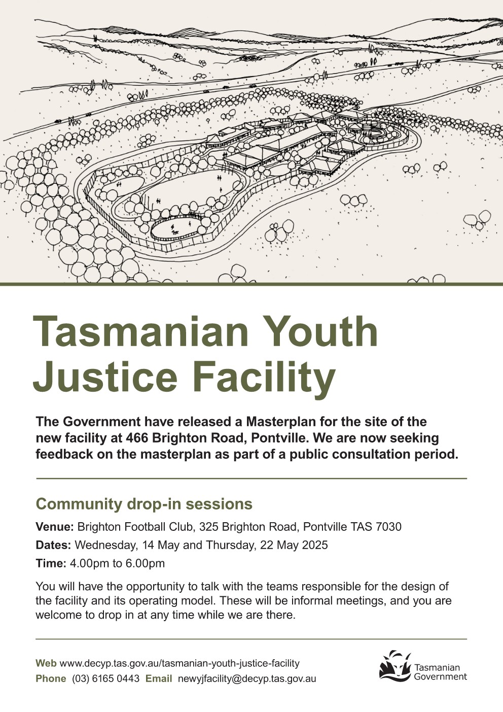 Tasmanian Government Community drop-in Session for Youth Justice Facility Masterplan at 325 Brighton Road Pontville on 14 May 2025 and 22 May 2025, 4:00 to 6:00pm